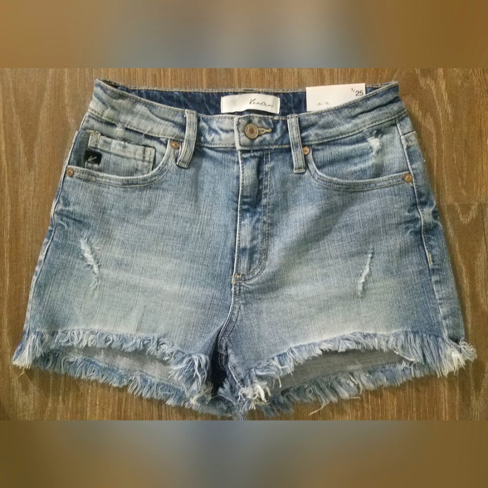 NWT KanCan Blue High-Waisted Jean Shorts with Frayed Hem